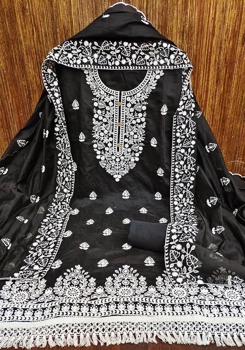 Black Ethnic Motifs Embroidered Poly Blend Dress Material