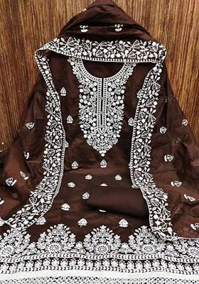Brown Floral Embroidered Poly Blend Dress Material