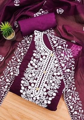 Purple Floral Embroidered Poly Blend Dress Material