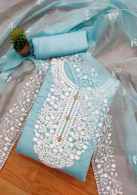 Blue Embroidered Poly Blend Dress Material
