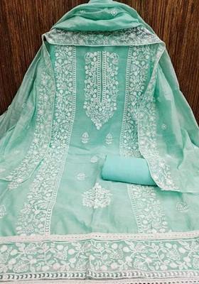 Green Floral Embroidered Poly Blend Dress Material