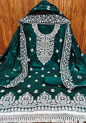 Green Floral Embroidered Poly Blend Dress Material
