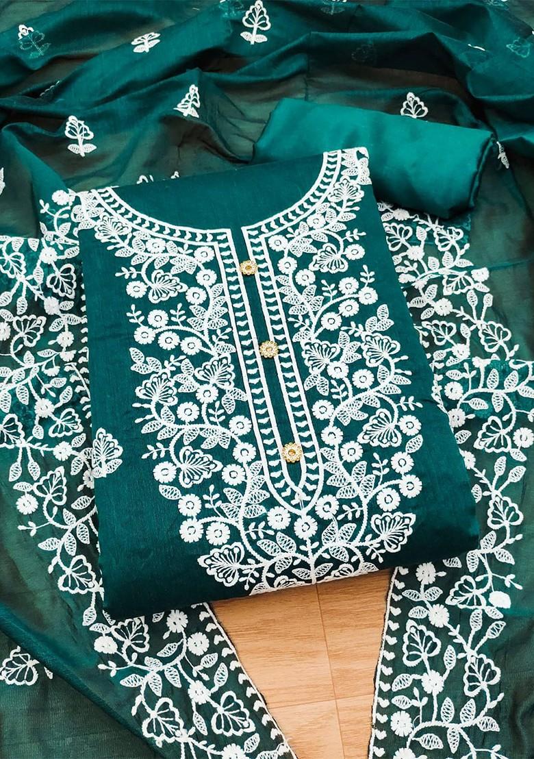 Green Floral Embroidered Poly Blend Dress Material