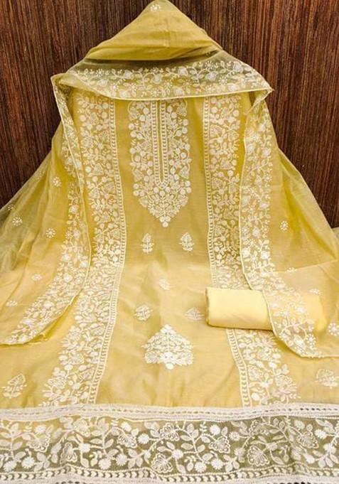 Yellow Floral Embroidered Poly Blend Dress Material