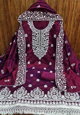Purple Floral Embroidered Poly Blend Dress Material