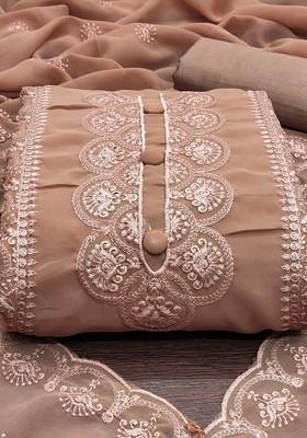 Brown Floral Embroidered Poly Blend Dress Material