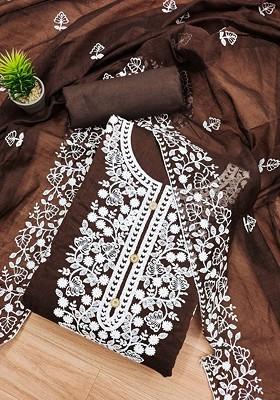 Brown Floral Embroidered Poly Blend Dress Material