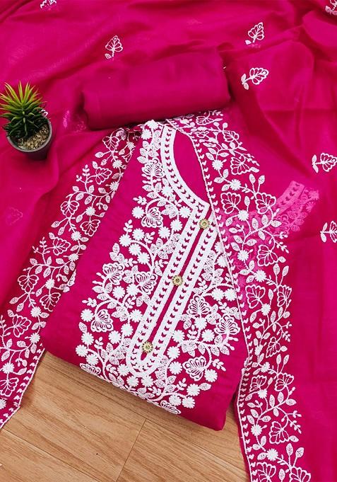 Pink Floral Embroidered Poly Blend Dress Material