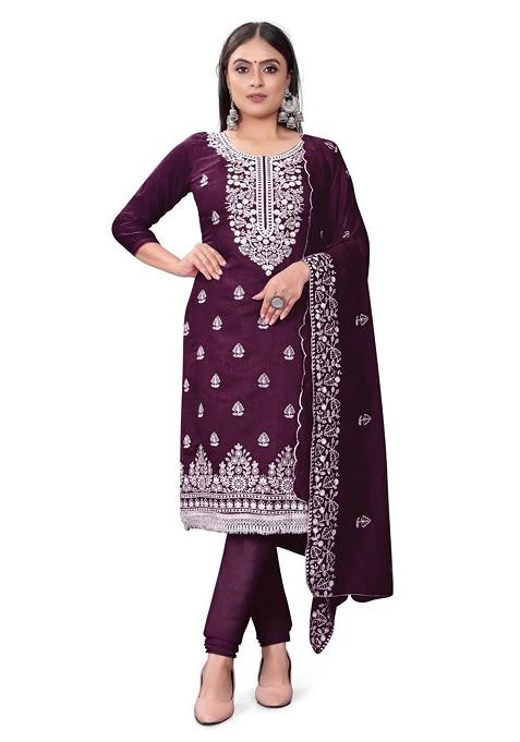 Purple Ethnic Motifs Embroidered Poly Blend Dress Material