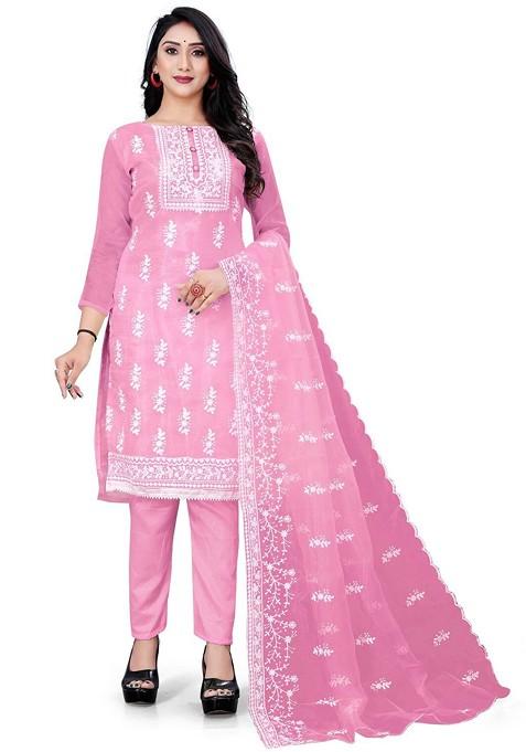 Pink Floral Embroidered Poly Blend Dress Material
