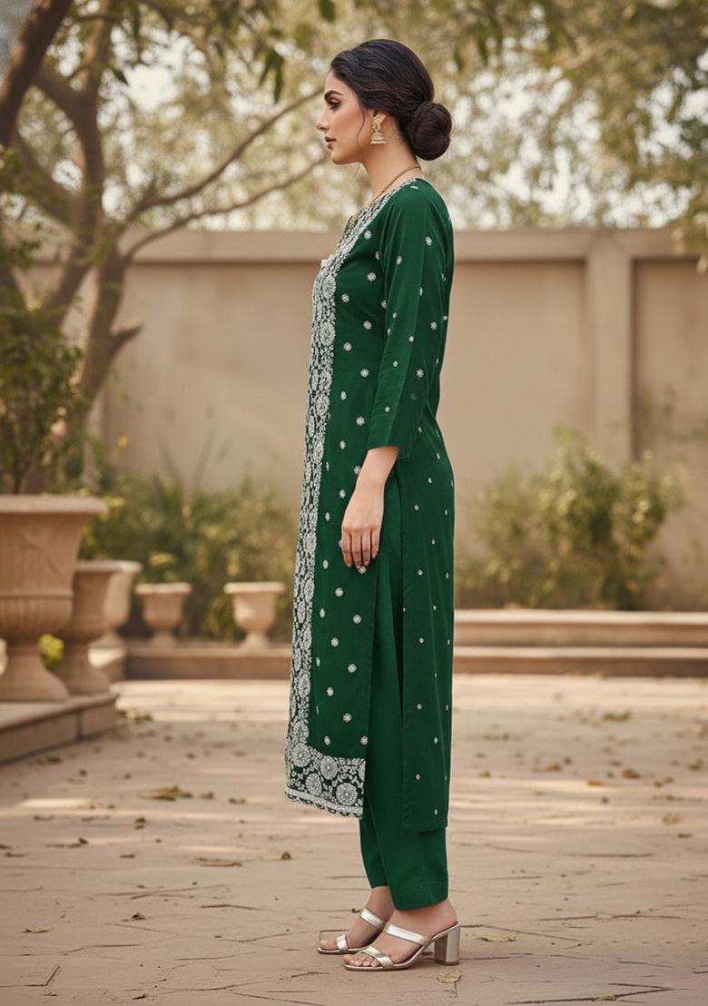 Green Floral Embroidered Poly Blend Dress Material