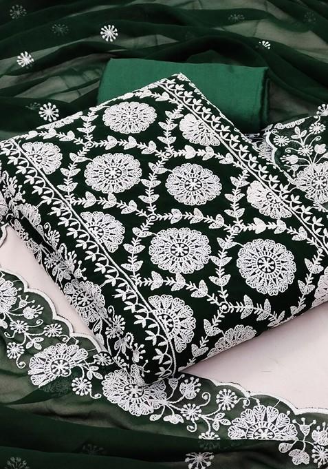 Green Floral Embroidered Poly Blend Dress Material