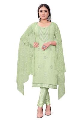 Green Floral Embroidered Poly Blend Dress Material