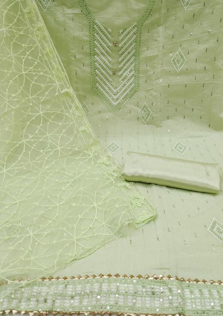 Green Floral Embroidered Poly Blend Dress Material