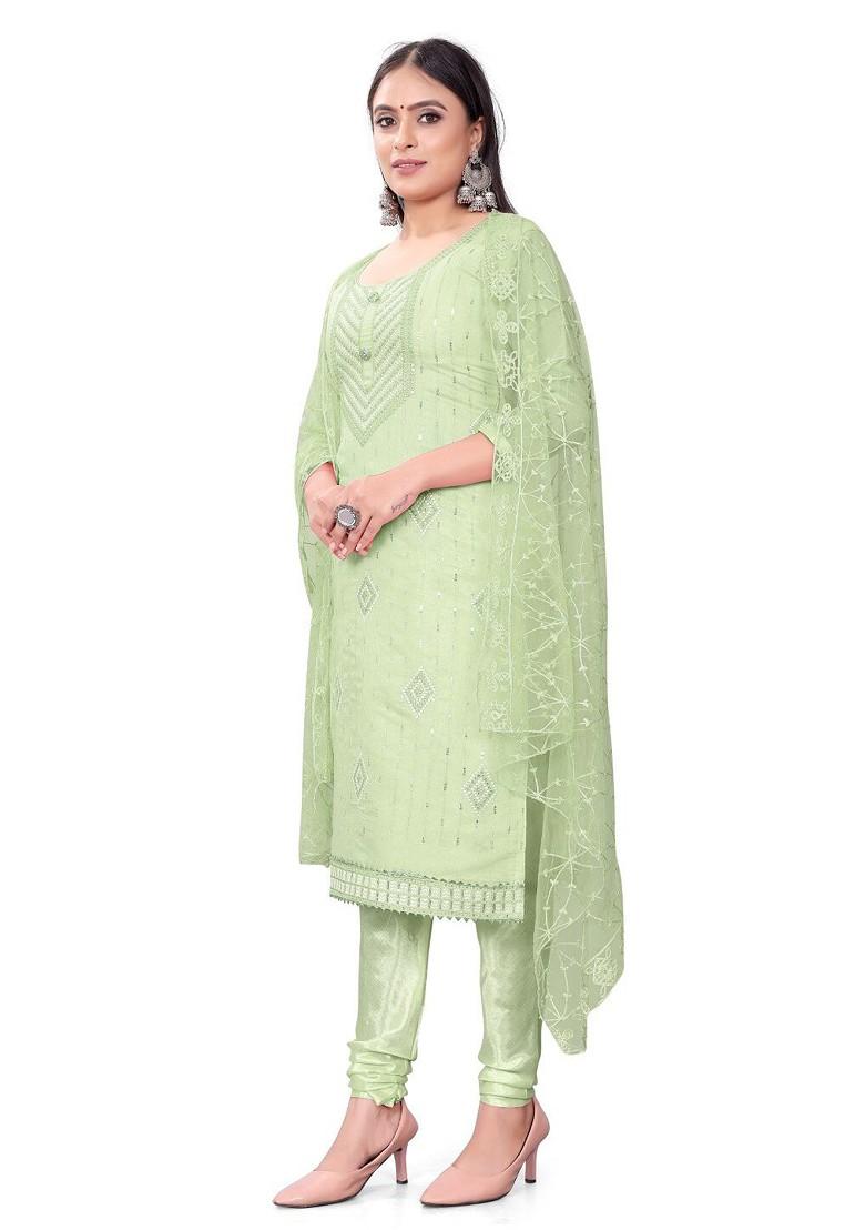 Green Floral Embroidered Poly Blend Dress Material