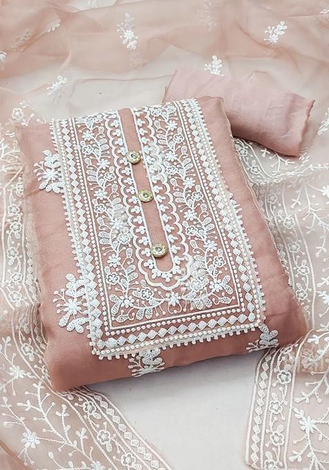 Mauve Floral Embroidered Poly Blend Dress Material