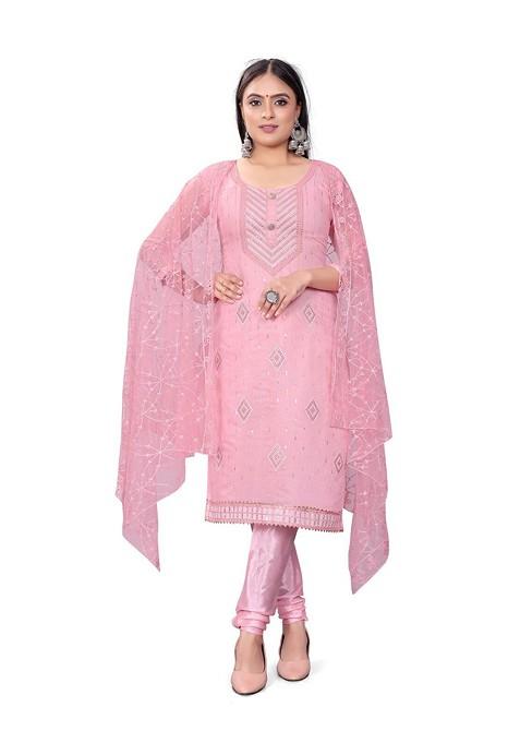 Pink Ethnic Motifs Embroidered Poly Blend Dress Material