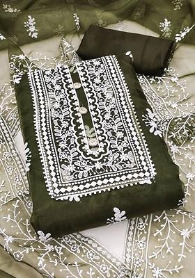 Green Ethnic Motifs Embroidered Poly Blend Dress Material