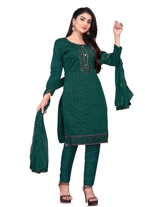 Green Embroidered Poly Blend Dress Material