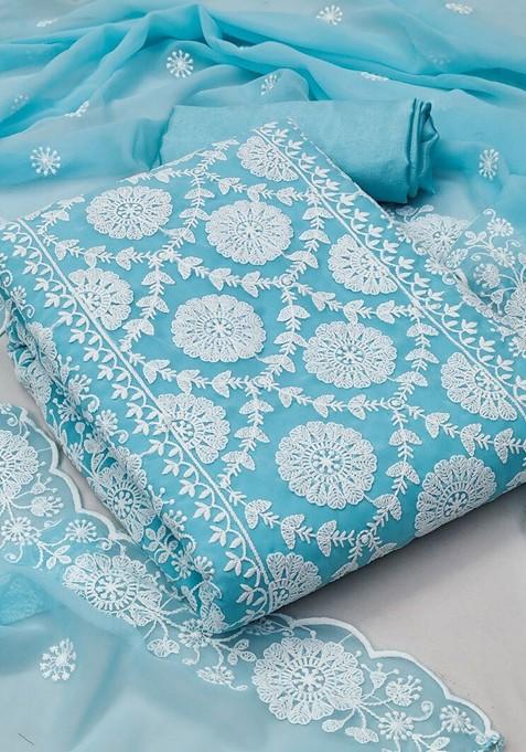Blue Embroidered Poly Blend Dress Material