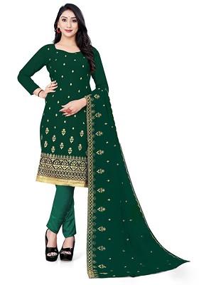Green Floral Embroidered Poly Blend Dress Material