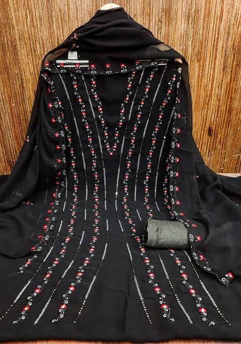 Black Floral Embroidered Poly Blend Dress Material