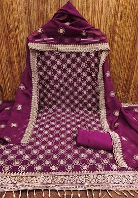 Purple Floral Embroidered Poly Blend Dress Material