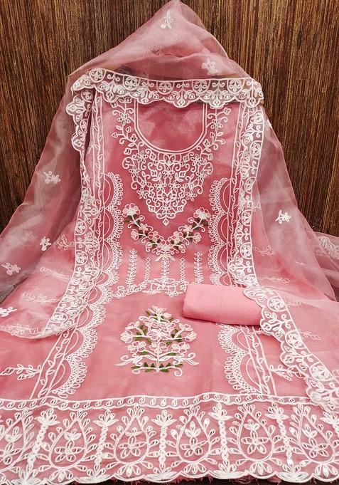 Pink Embroidered Poly Blend Dress Material