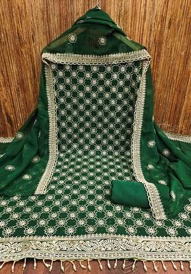 Green Floral Embroidered Poly Blend Dress Material