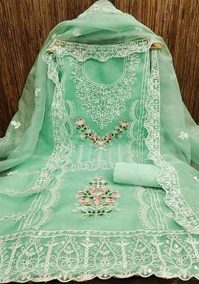 Sea Green Floral Embroidered Poly Blend Dress Material