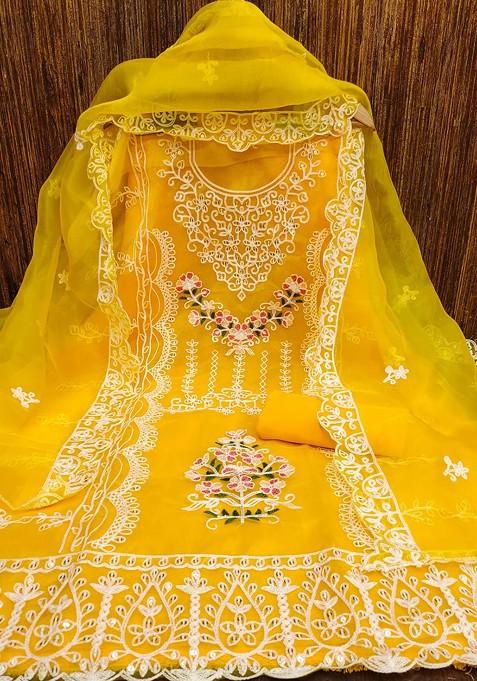 Golden Floral Embroidered Poly Blend Dress Material