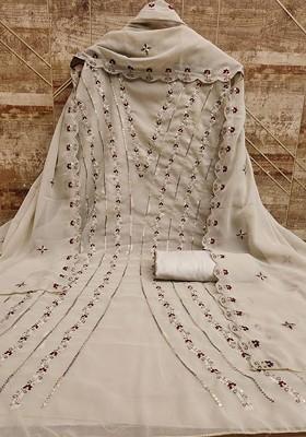 Beige Sequin Embroidered Poly Blend Dress Material