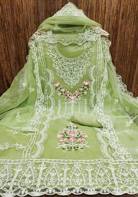 Green Floral Embroidered Poly Blend Dress Material