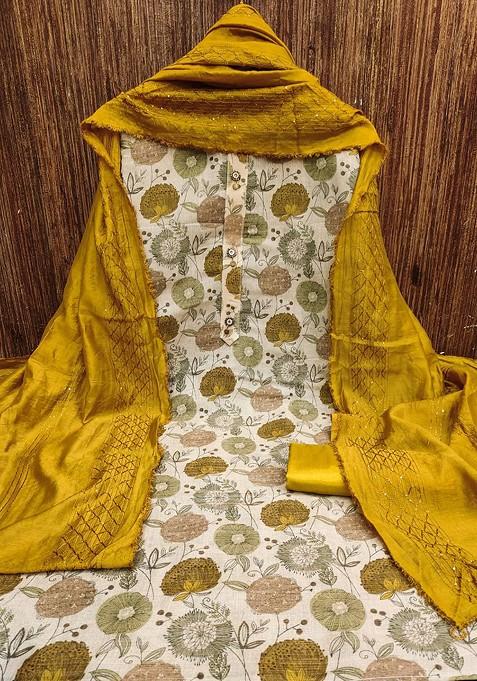 Golden Printed Poly Blend Dress Material