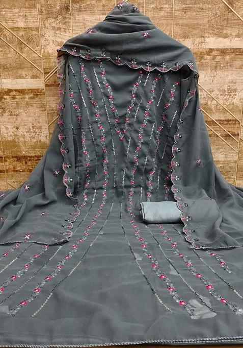 Grey Sequin Embroidered Poly Blend Dress Material