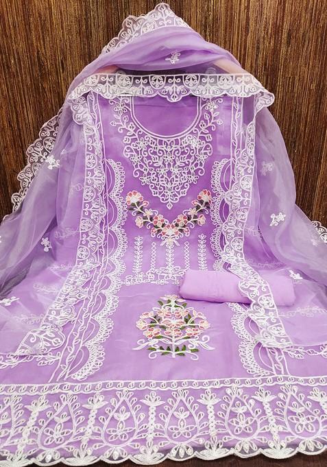 Violet Floral Embroidered Poly Blend Dress Material