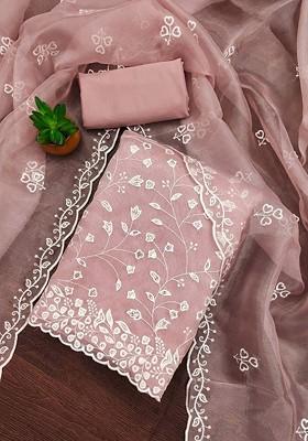 Brown Embroidered Poly Blend Dress Material