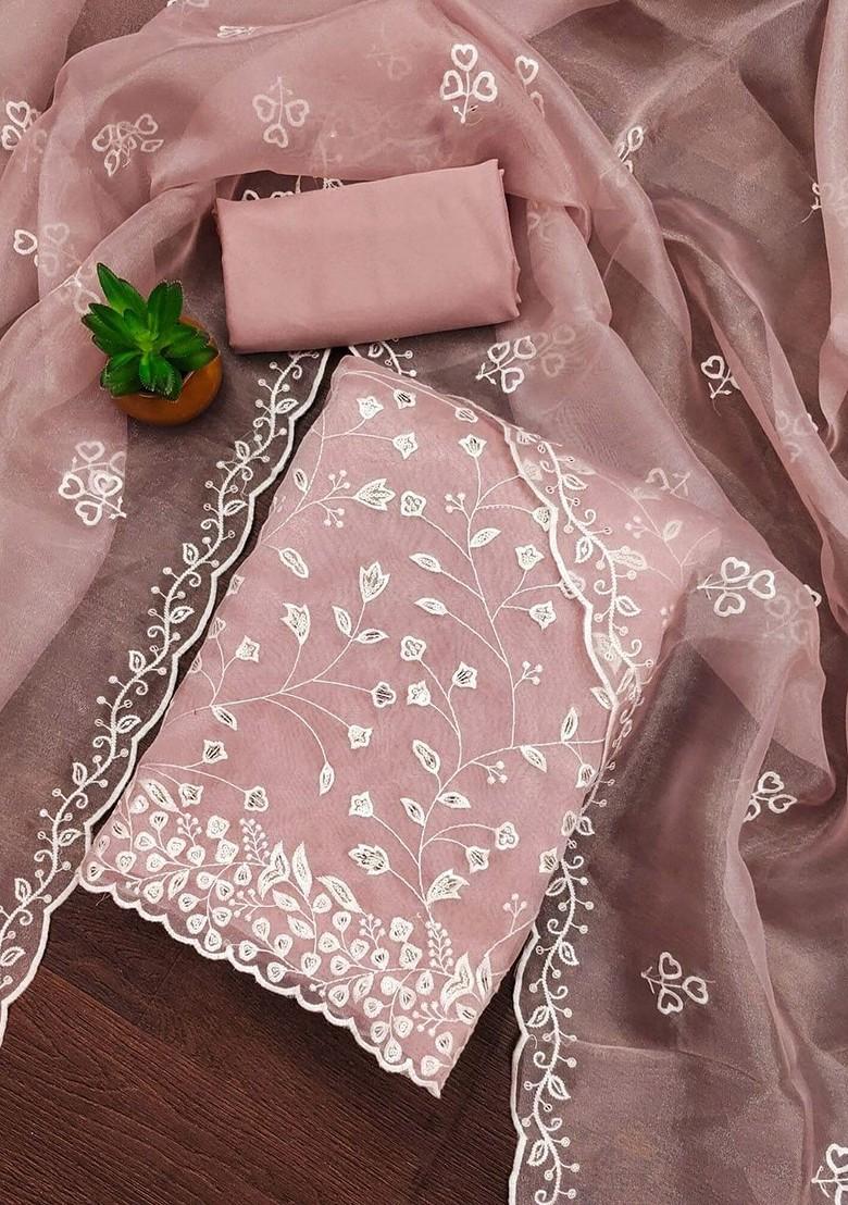 Brown Embroidered Poly Blend Dress Material