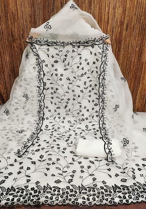 White Embroidered Poly Blend Dress Material
