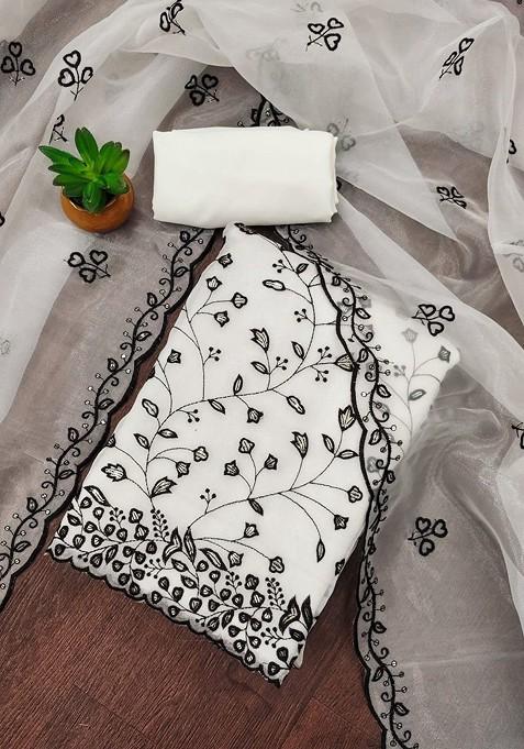 White Embroidered Poly Blend Dress Material