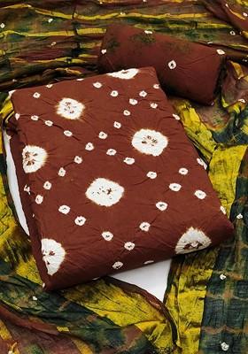 Brown Embroidered Poly Blend Dress Material