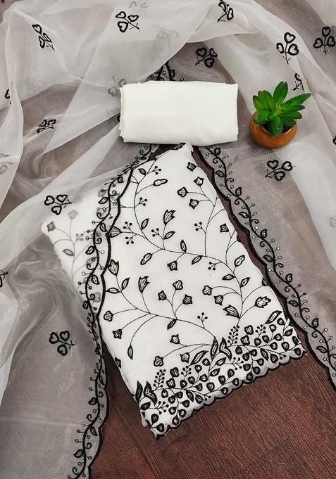 White Embroidered Poly Blend Dress Material