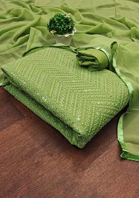 Sea Green Embroidered Poly Blend Dress Material