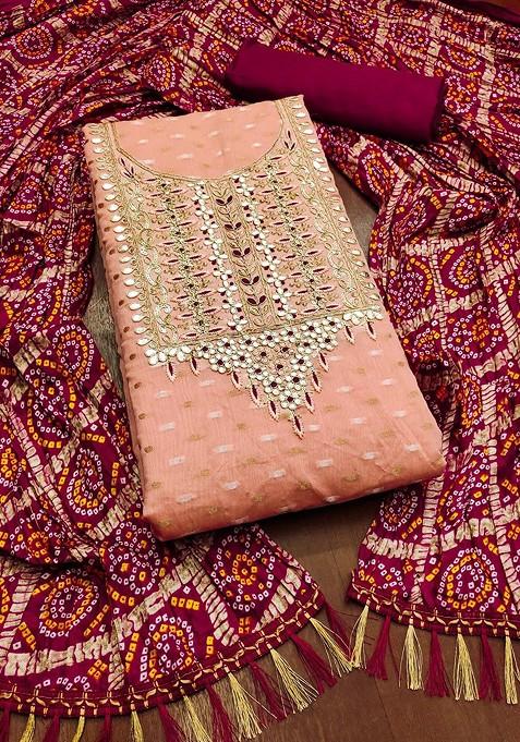Orange Embroidered Poly Blend Dress Material