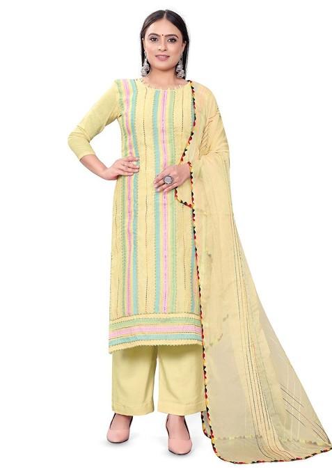 Yellow Embroidered Poly Blend Dress Material