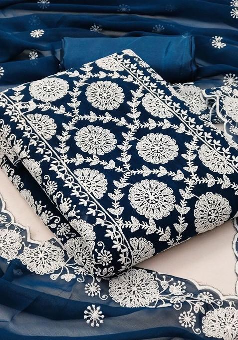 Blue Embroidered Poly Blend Dress Material