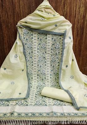 Green Floral Embroidered Poly Blend Dress Material