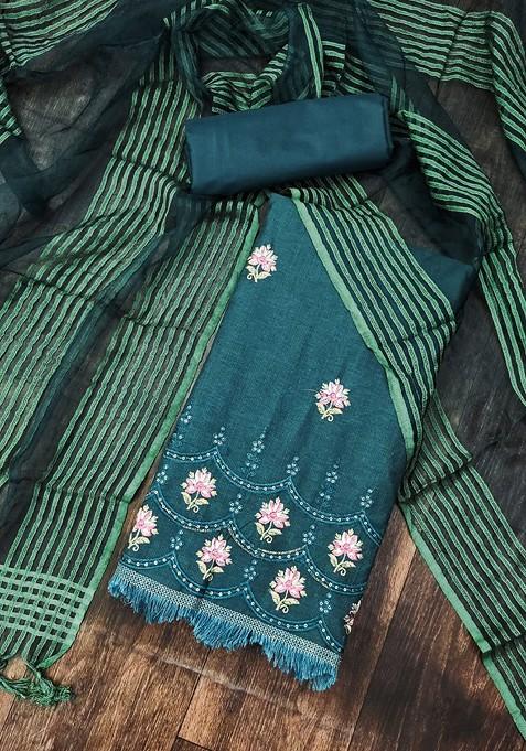 Teal Ethnic Motifs Embroidered Poly Blend Dress Material