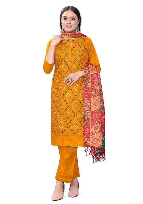 Golden Embroidered Poly Blend Dress Material