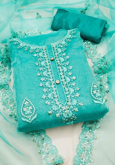 Blue Floral Embroidered Poly Blend Dress Material